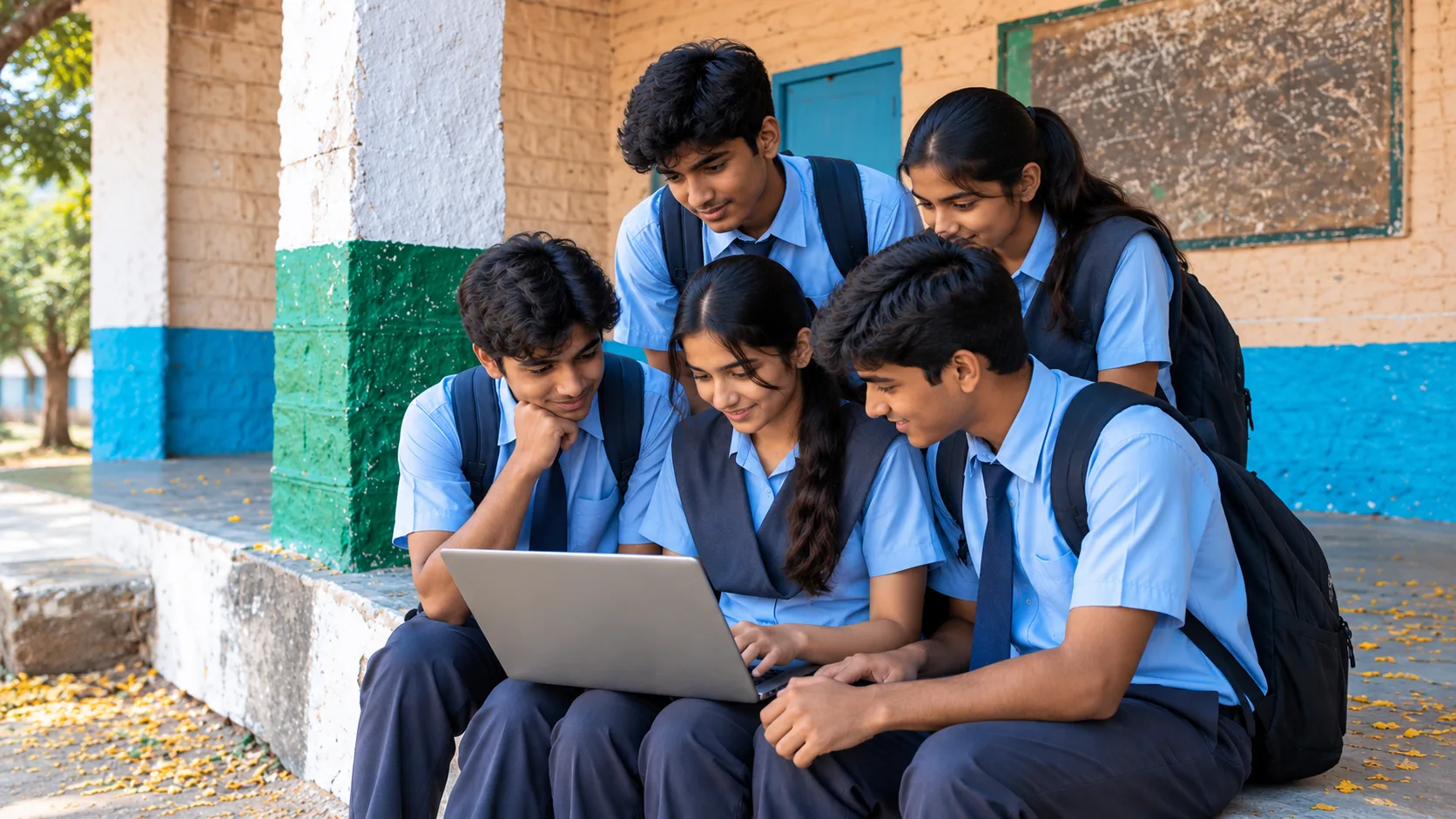 School students in uniform gathered around a laptop, working through a lesson together