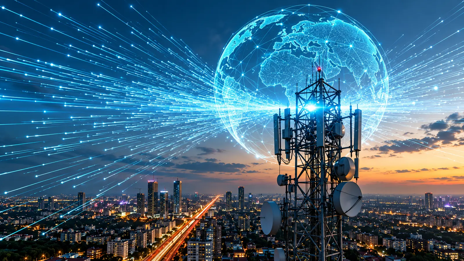 A telecom tower above a city at dusk, with data links fanning out across a globe