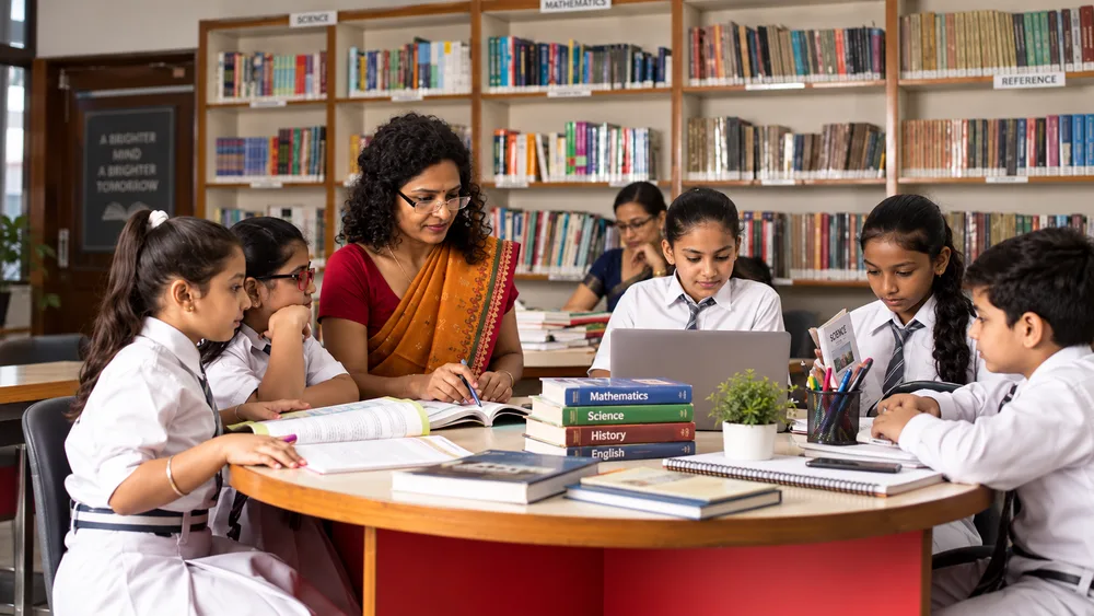 Students and a teacher around a school library table, subject textbooks stacked beside an open laptop