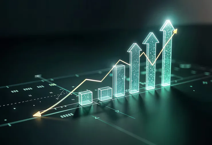A rising line and bar chart, climbing steeply toward a peak